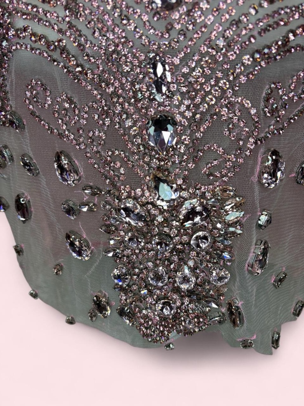 Bodycon Bedazzled Gem Sheer Pink Dress with Velvet Back - Picture 4 of 9